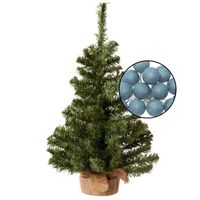 Mini kerstboom groen met verlichting - in jute zak - H60 cm - blauw - Kunstkerstboom - thumbnail