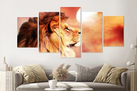 Karo-art Schilderij -Leeuw oranje/Rood,  5 luik, 200x100cm, premium print