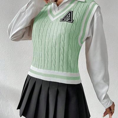 Bon&Bon Letter Patch Cricket Sweater Vest - White V-Neck Striped Knit Green / XS