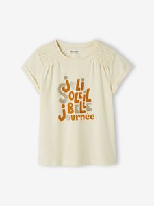 T-shirt met iriserende boodschap voor meisjes met gesmokte schouders ecru