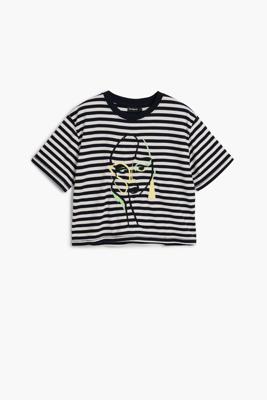 Gestreept T-shirt met gezicht - BLUE - L