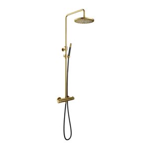 Hotbath Cobber X Opbouw Regendoucheset Met Thermostaatkraan, Hoofddouche 30cm En Staafhanddouche Geborsteld Messing PVD