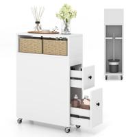 Mobiele Smalle Opbergkast Verrijdbare Vrijstaande Toiletrolhouder 2 Schuifladen 2 Rotanmanden Opbergplanken voor Badkamer Wit