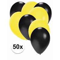 50x ballonnen - 27 cm - zwart / gele versiering - thumbnail