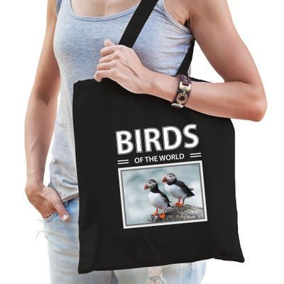 Katoenen tasje Papegaaiduikers vogel zwart - birds of the world cadeau tas