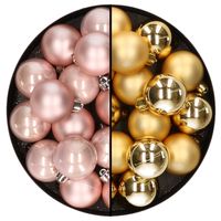 32x stuks kunststof kerstballen mix van lichtroze en goud 4 cm - Kerstbal - thumbnail