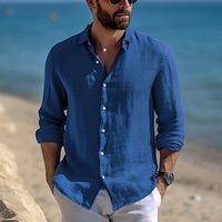 Voor heren Overhemd linnen overhemd Zomer overhemd Strand Kleding Overhemd met knopen Normaal shirt Zwart Wit Blozend Roze blauw Lange mouw Effen Revers Lente zomer Casual Dagelijks Kleding Lightinthebox - thumbnail