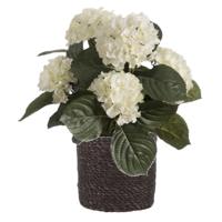 Kunstplant met plantenmand - Hortensia hdrangea - paars - rotan pot - grijs