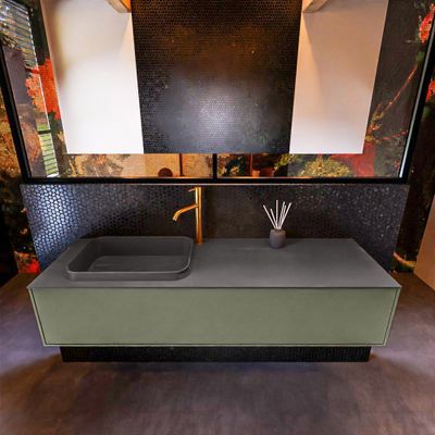 Badkamermeubelset Mondiaz Erin 150 cm met 1 Lade met RIDGE Wastafel Links Dark grey met 1 kraangat Greeploos Mat Army