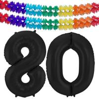 Leeftijd folie ballonnen - Leeftijd cijfer 80 - zwart - 86 cm - en 2x feestslingers gekleurd