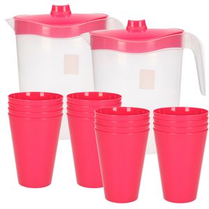 16x kunststof drinkbekers 430 ML met 2x stuks schenkkannen set roze van 2.5 liter