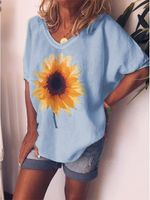 Loose casual sunflower print short sleeve round neck T-shirt - thumbnail