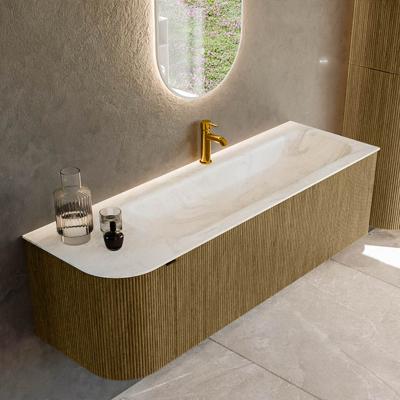Badmeubel Mondiaz Kurve-Dlux | 145 cm cm | Meubelkleur Dusk | Wastafelkleur Ostra | Solid surface | Wasbak rechter zijde spoelbak | 1 kraangat