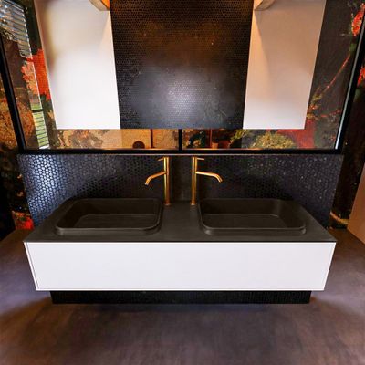 Badkamermeubelset Mondiaz Erin 150 cm met 1 Lade met RIDGE Wastafel Dubbel Urban met 2 kraangaten Greeploos Mat Talc