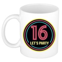 Verjaardag mok / beker - Lets party 16 jaar - neon - 300 ml - verjaardagscadeau