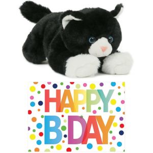 Cadeau setje pluche zwart/witte kat/poes knuffel 25 cm met Happy Birthday wenskaart   -