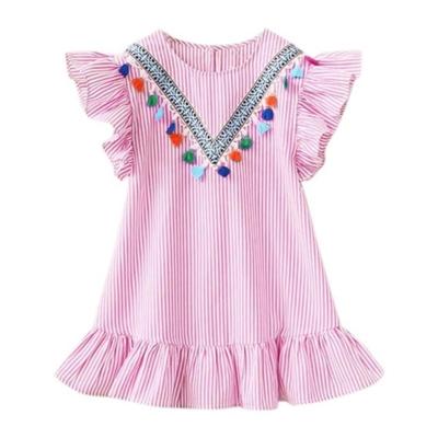 3 PC'S meisjes hals kwast verticale strepen gegolfde jurk hoogte: 90cm (roze)