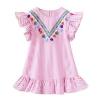 3 PC'S meisjes hals kwast verticale strepen gegolfde jurk hoogte: 90cm (roze)