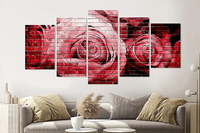 Karo-art Schilderij - Rode rozen op bakstenen muur, 5 luik, 200x100cm, wanddecoratie