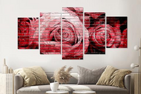 Karo-art Schilderij - Rode rozen op bakstenen muur, 5 luik, 200x100cm, wanddecoratie - thumbnail