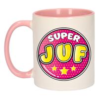 Cadeau koffie/thee mok voor juf - roze - button - super juf - keramiek - juffen dag