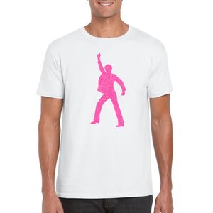 Verkleed T-shirt voor heren - disco - wit - roze glitter - jaren 70/80 - carnaval/themafeest