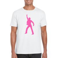 Verkleed T-shirt voor heren - disco - wit - roze glitter - jaren 70/80 - carnaval/themafeest - thumbnail