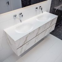 Mondiaz Vica Moon badmeubel wit carrara mat 150 cm 2 lades solid surface dubbele spoelbak zonder kraangat