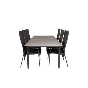 Levels tuinmeubelset tafel 100x229/310cm en 6 stoel Copacabana zwart, grijs.