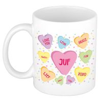 Cadeau koffiemok voor juf/lerares - hartjes snoepjes - wit - verjaardag kado - mok met tekst