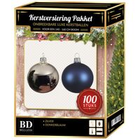 100 stuks Kerstballen mix zilver-donkerblauw voor 150 cm boom