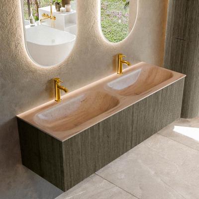 Badmeubel Mondiaz Kurve-Dlux | 140 cm | Meubelkleur Shadow | Wastafelkleur Saba | Solid surface | Wasbak beide zijden spoelbak | 2 kraangaten