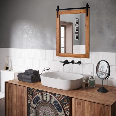 Rechthoekige Spiegel met Houten Frame 76,5 x 56 cm Rustieke Wandspiegel Onbreekbare Hangspiegel met Metalen Houder (Bruin)
