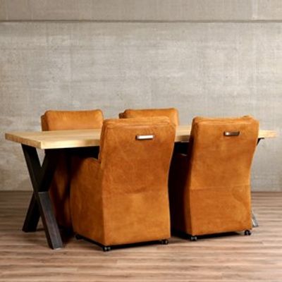 Set van 4 leren eetkamerfauteuils - met armleuning en wieltjes - bruin leer - Echt leer, Landelijk, ontdek de vele Leersoorten en Kleuren bij ShopX