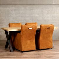 Set van 4 leren eetkamerfauteuils - met armleuning en wieltjes - bruin leer - Echt leer, Landelijk, ontdek de vele Leersoorten en Kleuren bij ShopX