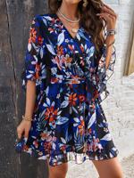 V Neck Casual Floral Dress With No