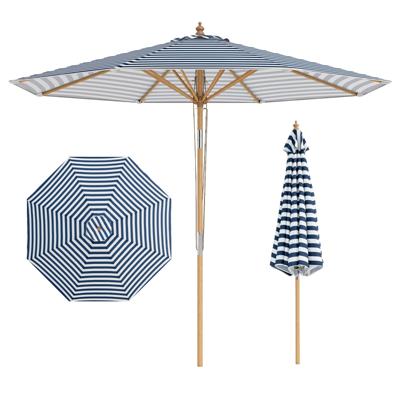 Ronde Parasol van 280 cm Bamboe Marktparasol met Kantelmechanisme met Drukknop Geventileerde Bovenkant 8 Stevige Baleinen in Hoogte Verstelbare Buitenzonwering-Blauw en wit