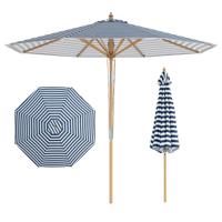 Ronde Parasol van 280 cm Bamboe Marktparasol met Kantelmechanisme met Drukknop Geventileerde Bovenkant 8 Stevige Baleinen in Hoogte Verstelbare Buitenzonwering-Blauw en wit