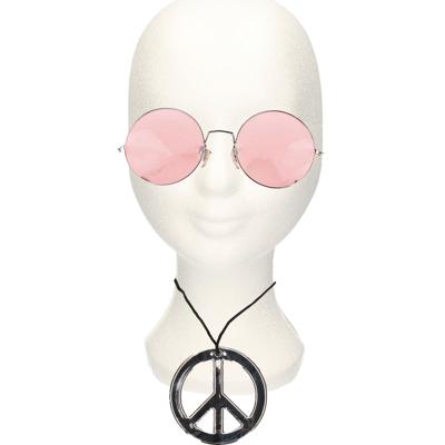 Hippie Flower Power verkleed set - peace ketting - met party bril - roze