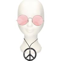 Hippie Flower Power verkleed set - peace ketting - met party bril - roze