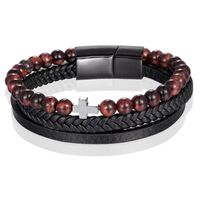 Heren armband Memphis Tijgeroog kraal gevlochten leer Kruis Zwart Bruin - 21cm