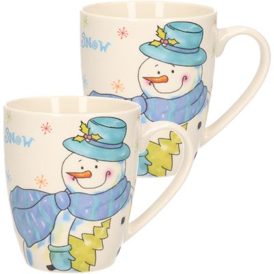 2x stuks kerstmok/wintermok sneeuwpop met blauwe muts en sjaal van poreselein 10 cm 2x stuks kerstmok/wintermok sneeuwpop met blauwe muts en sjaal van poreselein 10 cm