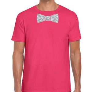 Roze fun t-shirt met vlinderdas in glitter zilver heren