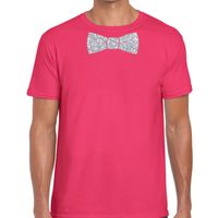 Roze fun t-shirt met vlinderdas in glitter zilver heren