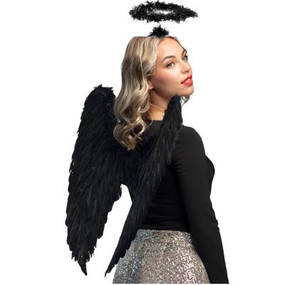 Engel/duivel verkleed set vleugels en halo - zwart - verkleed vleugels 65 cm - Halloween