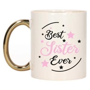 Cadeau koffie/thee mok voor zus - roze met gouden oor - de beste - keramiek - 300 ml   -