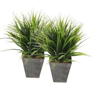 2x Groene grasplant kunstplant in zinken pot 30 cm