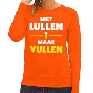 Niet Lullen maar Vullen tekst sweater oranje voor dames