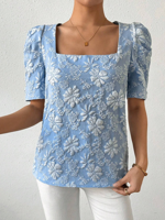 Women's Short Sleeve Shirt Summer Light Blue Floral Square Neck Daily Going Out Casual Top