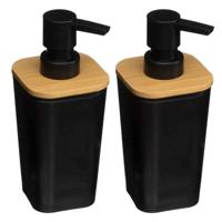 5Five Zeeppompje/zeepdispenser - 2x - polyresin kunststeen/bamboe - zwart - 300 ml - H17.5 cm